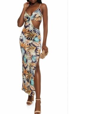 Tropical Floral Cur out  Maxi Dress in Navy and Tan